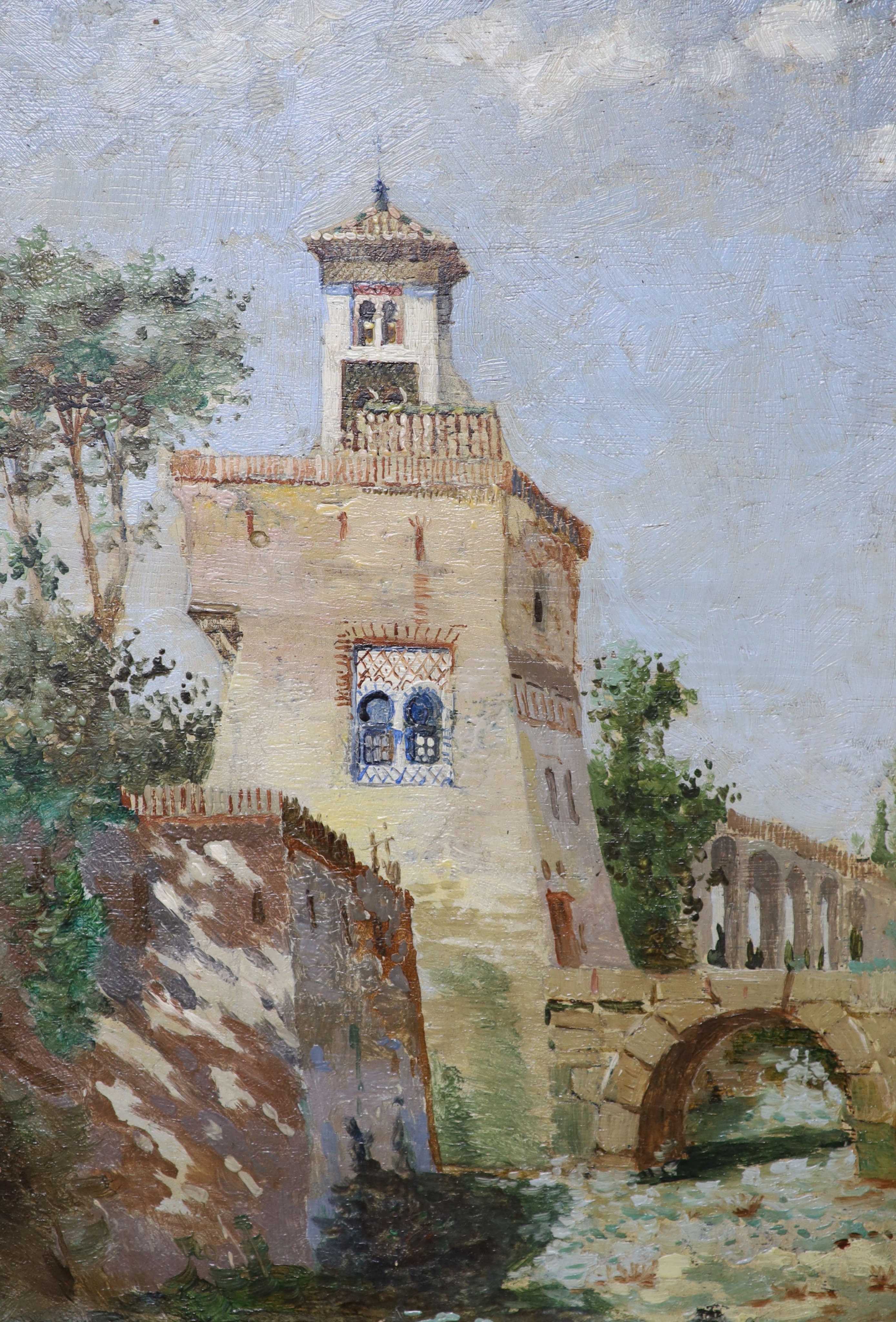 Italian School (19th century), oil on panel, Tower and aquaduct, 20 x 14cm 20.5 x 14cm